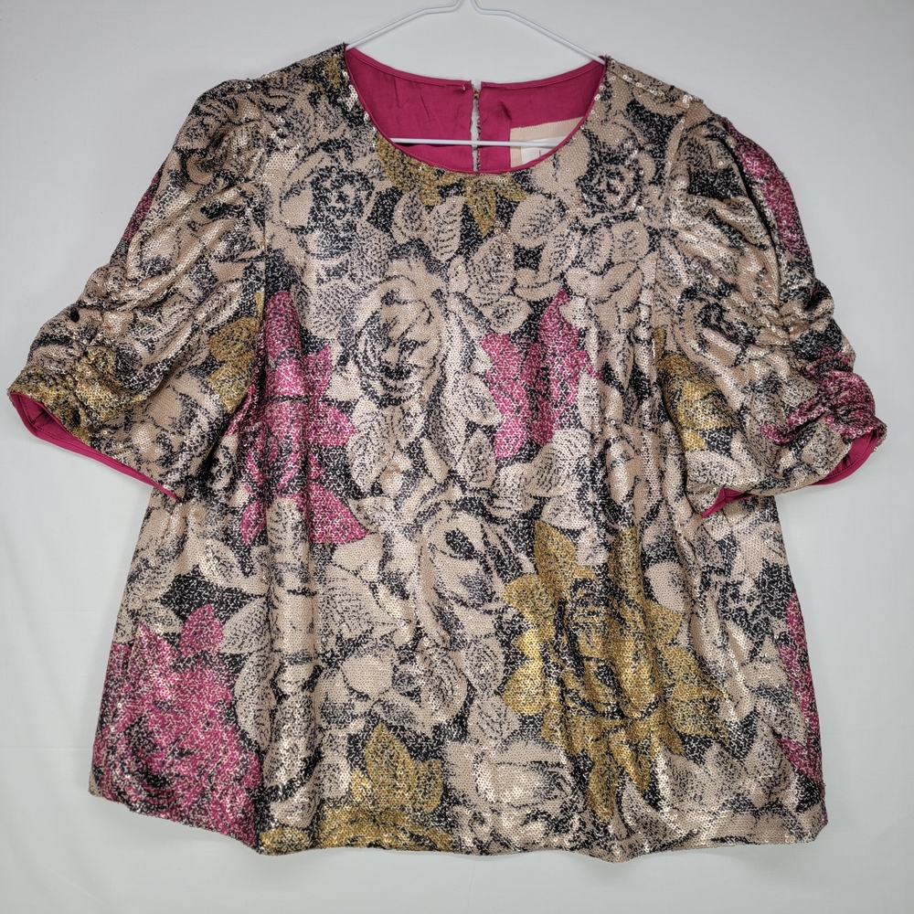 Anthropologie Marie Sequin Floral Blouse Pink and Gold Size 12 Puff Sleeve